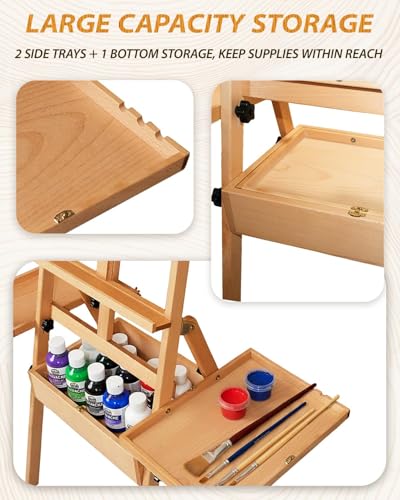 Foldable & Adjustable Wooden Art Easel with Storage Drawer Trays,Beech Wooden Easel for Painting,Artist Easel Stand for Painting,Standing Wood Easel Stand for Adult Student Studio,Stand Up Floor Easel - style: Enhanced Easel