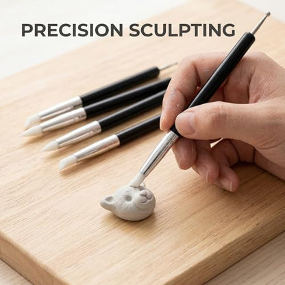 Tool Set, 5Pcs Double-Ended Clay Sculpting Tools with 5mm Black Handle Silicone Tips and Dotting Ends, Ceramic Pottery Carving Tools and Supplies for DIY Sculpture and Air Dry Clay