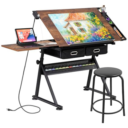 ZENY Adjustable Drafting Table with Stool, Tilting Drawing Desk Artist Table with Storage Drawers, Art Craft Workstation for Home Office Reading, Writing, Crafting - color: Retro-with Outlet