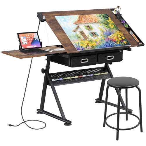 ZENY Adjustable Drafting Table with Stool, Tilting Drawing Desk Artist Table with Storage Drawers, Art Craft Workstation for Home Office Reading, Writing, Crafting - color: Retro-with Outlet