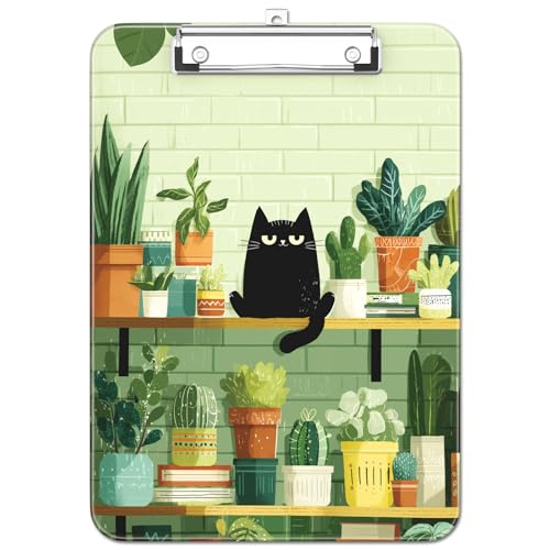 Plastic Cute Clipboard Low-Profile Metal Clip, A4 Letter Size 9 x 12.5 in, 8.5 x 11 Paper Clip Board for Teachers, Nurses, Classroom,Cafe Black Cat - color: Cafe Black Cat