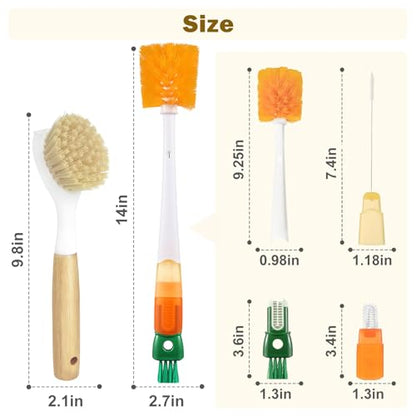 XYFuuee 5 Pack Dish Bottle Brush Set with 5-in-1 Cup Cleaning Brush, Dish Scrub Long Handle Brush with Scraper Tip, 3 Straw Cleaner Brushes, Washing Kitchen Sink Pot Pan Water Bottle Stove - color: Orange