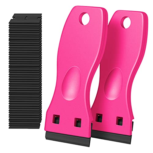 DEKEones Plastic Razor Blade Scraper, 2 Pack Razor Scraper with 100 Pcs Razor Blades for Removing Glue, Sticker, Decals, Tint from Car Window and Glass(Pink) - color: Pink-2pcs