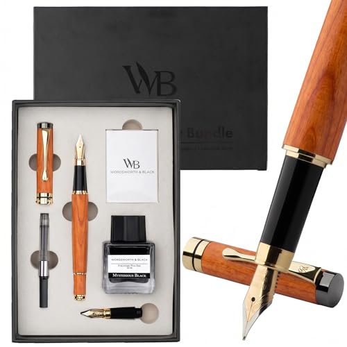 Wordsworth & Black Fountain Pen Set, Luxury Bamboo Wood - Medium Nib, Extra Fine Nib, Gift Case; 25ML Black Ink Bottle, 6 Ink Cartridges, Refill Converter - Calligraphy, Writing [Cherry Wood] - color: Cherry Wood