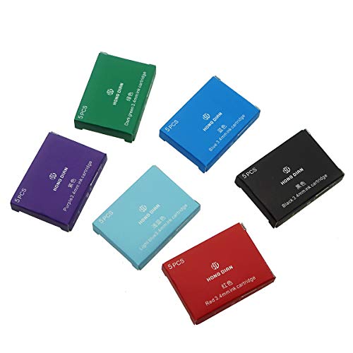 Asvine 30 PCS Hongdian Fountain Pen Ink Cartridges 6 Colors Set (Black, Blue, Green, Red, Purple, Light Blue), 3.4mm Bore Diameter - color: Mixed Color