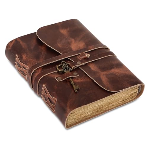 Leather Journal with Deckle Edge Paper 8x6 inch and Vintage Key | Handmade Writing Notebook Diary | Bound Daily Notepad for Men & Women Medium, Sketch/Writing pad for Artists - color: Dark Tan, size: 8 x 6, style: Lined Deckle Paper