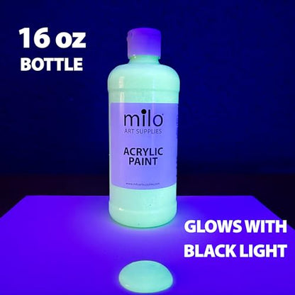 milo Glow in the Dark Acrylic Paint | Clear Phosphorescent Green Glow | 16 oz Bottle | Easy Light Glow Activated | Made in the USA | Non-Toxic | Glows UV in Black Light | Paint in the Dark - style: Glow in the Dark 16 oz