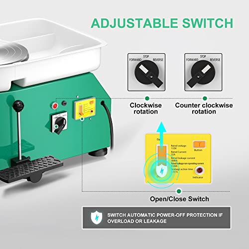 Pottery Wheel Pottery Forming Machine 25CM 350W Electric Pottery Wheel with Detachable Basin Foot Pedal DIY Clay Tool Ceramic Machine Work Clay Art Craft (Green)1 - color: green