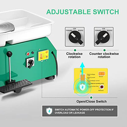 Pottery Wheel Pottery Forming Machine 25CM 350W Electric Pottery Wheel with Detachable Basin Foot Pedal DIY Clay Tool Ceramic Machine Work Clay Art Craft (Green)1 - color: green