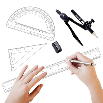 6 Pcs Plastic Geometry Math Set, 12 Inch Ruler, Compass, Sharpener, Pencil,Protractor & Square for Student School Office