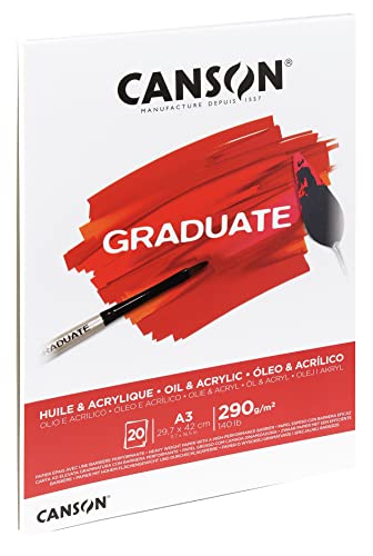 CANSON Graduate Oil and Acrylic 290gsm A3 Paper, Non-Woven, Pad Glued Short Side, 20 Natural White Sheets, Ideal for Student Artists - size: A3