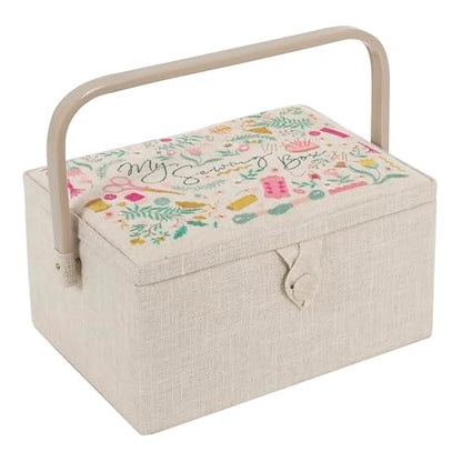 Hobby Gift Medium Sewing Box Organiser, Fabric Covered Storage Box with Handle, Internal Tray, Pin Cushion and Pocket for Sewing, Quilting and Knitting Supplies - color: My Sewing