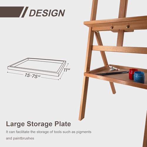 Solid Beech Wood Painting Easel with Storage Plate (60"~75" H), H-Frame Adjustable Art Wooden Easel Stand with Signature Plate for Adults, Students,Sturdy Canvas Holder up to 36'' - style: Easel Plate