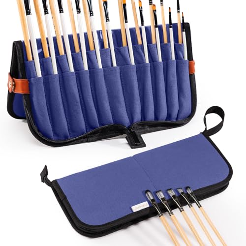 Stand Up Canvas Paint Brush Holder Case for Artists, 22 Slots Brush Organizer with Pop-Up Stand, Zippered Travel Paint Brush Storage Bag for Acrylic Oil Watercolor Brushes, Portable Paintbrush Case - color: Navy, size: Large 6*13.5"
