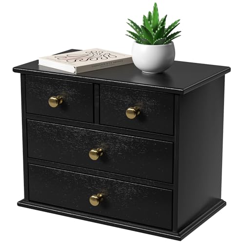 Oak Desk Organizer with Drawers, Durable Wooden Desktop Storage Box with Metal Handles & Non-Slip Silicone Pads, 4 Drawer Tabletop Organizer for Office, Bedroom, Bathroom, Vanity, and Makeup – Black - color: Black, size: 4 Drawers