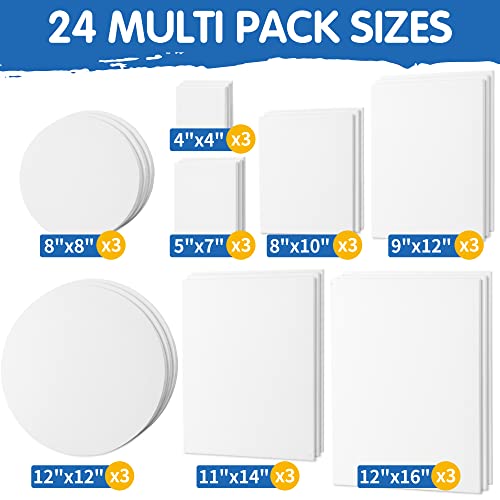 FIXSMITH 24 Pack Stretched Canvases, Multi Pack - 4x4, 5x7, 8x10, 9x12, 11x14, 12x16, Round Canvas 12x12, 8x8 (3 of Each), 100% Cotton, Primed Canvases for Acrylic, Oil, Wet or Dry Art Media… - size: Multipack-24 PK