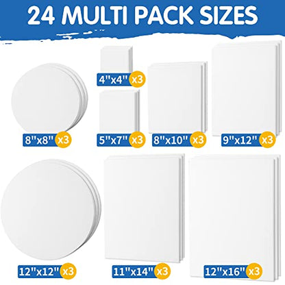 FIXSMITH 24 Pack Stretched Canvases, Multi Pack - 4x4, 5x7, 8x10, 9x12, 11x14, 12x16, Round Canvas 12x12, 8x8 (3 of Each), 100% Cotton, Primed Canvases for Acrylic, Oil, Wet or Dry Art Media… - size: Multipack-24 PK