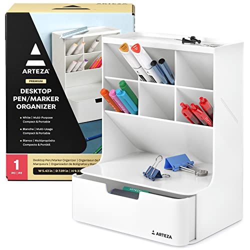 ARTEZA Desktop Pen and Marker Organizer, 6-Compartment White Pen Holder for Desk with Stationery Drawer, Makeup Organizer - style: 6-Compartment White
