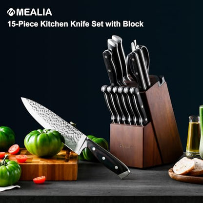 Kitchen Knife Set with Block, 15-Piece Professional Stainless Steel Sharp Knives Set for Kitchen with Built-in Sharpener, Ergonomic Wooden Handle, Full Tang Forged Triple Rivet, Boxed Knife Set