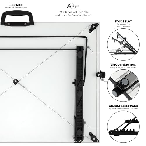 Acurit Multi-Angled 16”x21” PXB Drawing Board for Artists and Designers - Portable Tabletop Workspace, Drawing, Sketching, Drafting, Painting - Portable Laminated Surface w/Ruler & Parallel Motion Bar - size: 16x21"