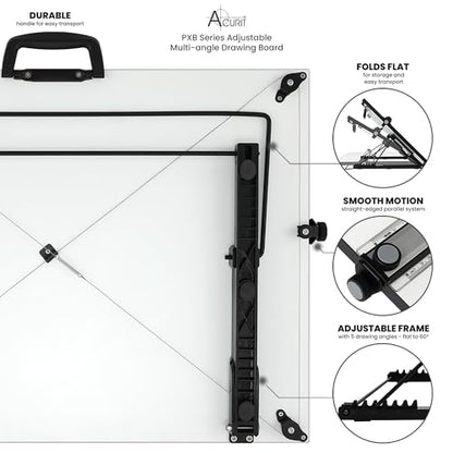 Acurit Multi-Angled 16”x21” PXB Drawing Board for Artists and Designers - Portable Tabletop Workspace, Drawing, Sketching, Drafting, Painting - Portable Laminated Surface w/Ruler & Parallel Motion Bar - size: 16x21"