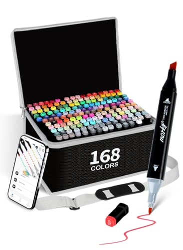 Brled 168+2 Colors Alcohol Markers with Free App, Chisel & Fine Tip Alcohol-Based Marker Set for Adults, Dual Tip Artist Markers for Drawing, Coloring Illustration, Painting and Great Gift Idea - color: 168 +2 Colors