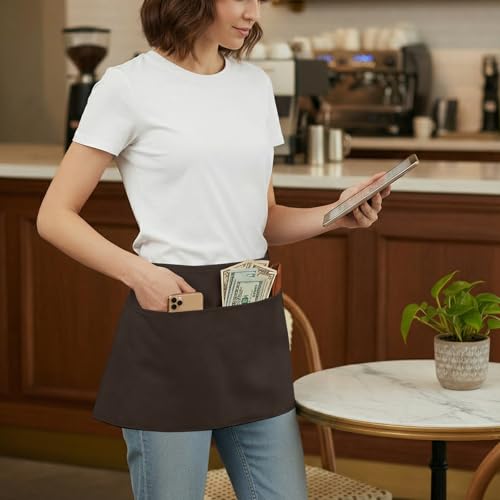 BOHARERS Waist Apron with 3 Pockets - Brown Waitress Waiter Server Short Apron（brown） - color: H-1 Pack Brown