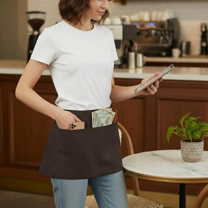 BOHARERS Waist Apron with 3 Pockets - Brown Waitress Waiter Server Short Apron（brown） - color: H-1 Pack Brown