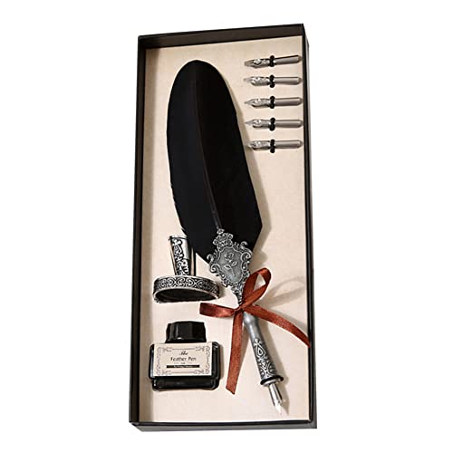 Surakey Writing Quill Pen Feather Pen Calligraphy Ink Dip Pen Set Luxury Vintage Signature Fountain Pen Gift Kit with Pen Stand Holder for Writing,Invitation Letters,Diary, Postcard (Black)