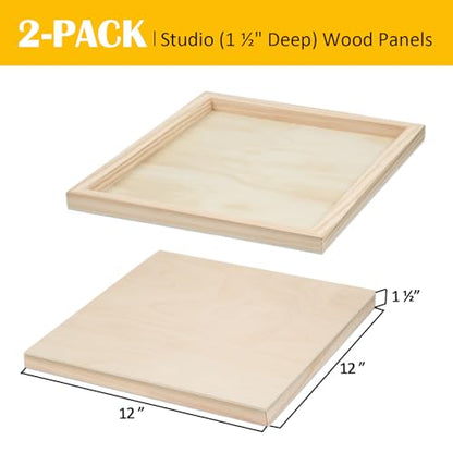 Falling in Art 2 Pack Unfinished Wooden Canvas Panels, 12x12 Gallery Birch Wood Panels Kit, 1 1/2" Deep Art Cradle Boards for Acrylic Painting, Pouring and Burning - size: 12*12 2 Pack