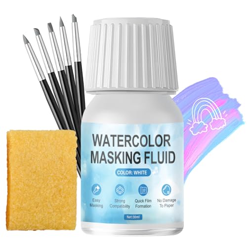 WANJAO Masking Fluid for Watercolor Painting, Liquid Masking Tape with Silicone Pens Cleaning Brush for Painting Fast Drying Easy Peel Use to Art Watercolor Supplies Retouching Covering, 30ml White - color: White