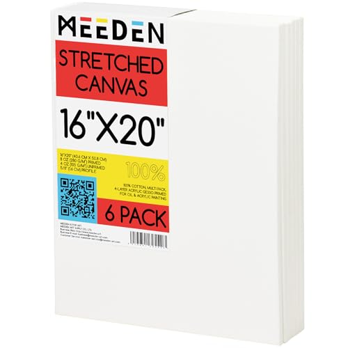 MEEDEN Stretched Canvas, 16 × 20 Inch, Pack of 6, Blank White Canvases for Painting, 100% Cotton, 8 oz Gesso-Primed, Pre-Stretched Canvas for Acrylic Oil Pouring & Airbrushing Painting