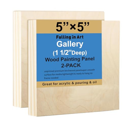 Falling in Art 2 Pack Unfinished Wooden Canvas Panels, 5x5 Gallery Birch Wood Panels Kit, 1 1/2" Deep Art Cradle Boards for Acrylic Painting, Pouring and Burning - size: 5*5 2 Pack