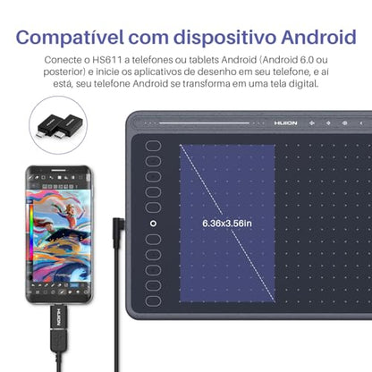 HUION HS611 Drawing Tablet 8192 Pressure Graphics Tablet with 10 HotKeys | Digital Art Tablet with Tilt Support Battery-Free Stylus, 8 Multimedia Keys, Touch Ring, 10x6inch Android Support Drawing Pad - size: Large