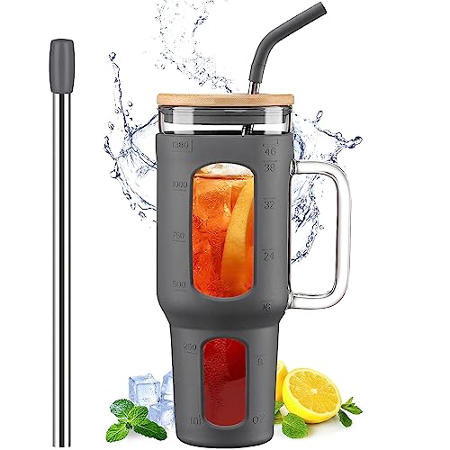 WINSA Glass Tumbler with Lid and Straw, 46 oz Iced Coffee Cup with Handle, Large Water Bottles with Silicone Sleeve, Glass Cup with Straws - Pearl Straw & Drinking Straw BPA Free-Grey - color: Gray, size: 46 Ounces