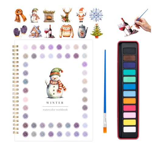 Christmas Watercolor Workbook for Adults, Beginner Friendly Watercolor Painting Kit Winter Water Coloring Book, Nature-Themed Practice Art Gift Water Color Paint Book with Palette and Brush - color: Christmas