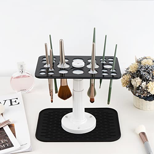 Makeup Brushes Drying Rack with Silicone Mat, 26 Holes Acrylic Brush Holder Stand Tree Tray, Adjustable Makeup Brush Holder - color: Black