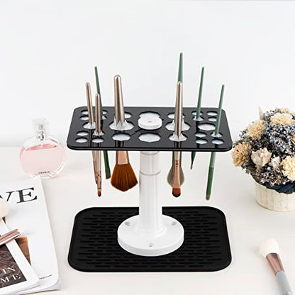 Makeup Brushes Drying Rack with Silicone Mat, 26 Holes Acrylic Brush Holder Stand Tree Tray, Adjustable Makeup Brush Holder - color: Black