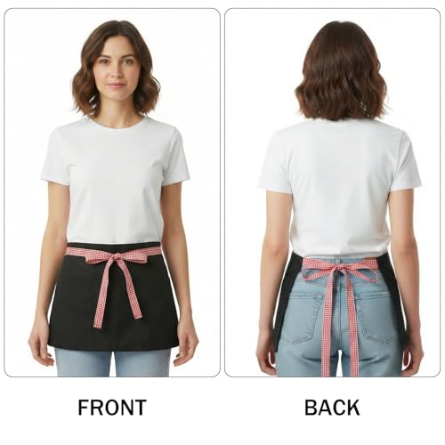 BOHARERS 3-Pocket Waist Apron With Red And White Plaid Shoulder Straps - Black Waitress Waiter Server Short Aprons - color: A2-1 Pack Red and White Plaid Straps