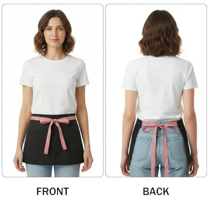 BOHARERS 3-Pocket Waist Apron With Red And White Plaid Shoulder Straps - Black Waitress Waiter Server Short Aprons - color: A2-1 Pack Red and White Plaid Straps