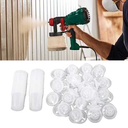 CHICIRIS Disposable Paint Cup Kit 600ml 20 Ounce, with 50 Inner Cups 50 Lid Covers 2 Outer Cups Seal Ring 20 Sealing Plugs 2 Spray Gun Adapters PTFE Tape Mixing Stick, for Automotive
