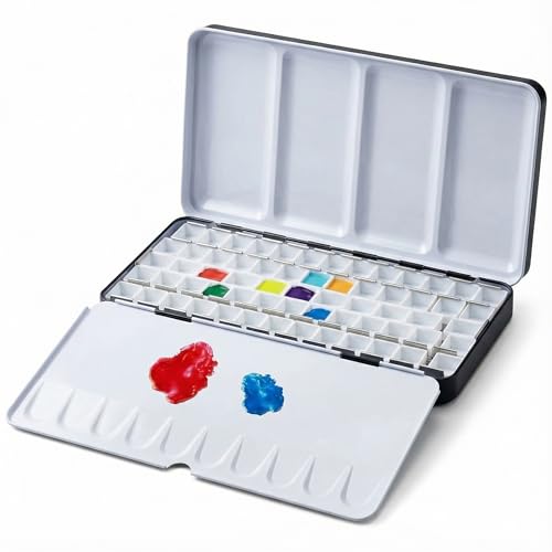 DUGATO Large Empty Watercolor Palette Tin with Lid, Holds 63 Half Pans | Artists Metal Travel Box with 5 Fold-Out Mixing Areas for Travel, Painting, Watercolor Mixing, Art Class and Studio Use - size: Large