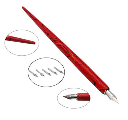 Wooden Calligraphy Dip Pen, Wood English Calligraphy Pen Copperplate Script Oblique Dip Pen Holder with 5 Different Nibs, Red - color: Red + 5Nib