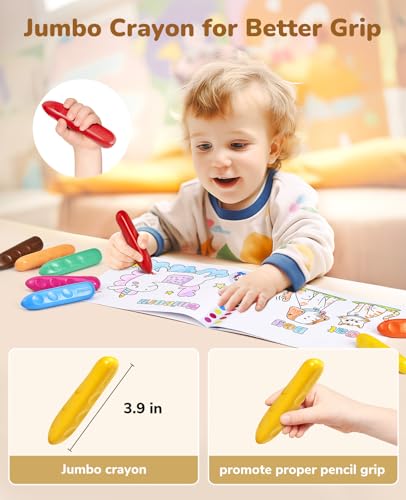 JoyCat 16 Colors Jumbo Crayons for Toddlers 1-3, Washable Triangular Large Crayons for Kids Ages 4-8, Easy-Grip Unbreakable Non-Toxic Art Supplies with Coloring Book, Early Childhood Birthday Gifts