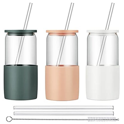 Sunseeke Glass Tumbler with Straw and Lid, 16oz Ice Coffee Cup, Silicone Sleeve Cleaning Brushes, Drinking Glasses for Water, Iced Coffee, Smoothie -BPA Free -3 Pack - color: Sandy Beige, White, Slate blue-gray