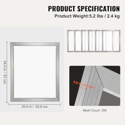 VEVOR Screen Printing Kit, 4 Pieces Aluminum Silk Screen Printing Frames, 20x24inch Silk Screen Printing Frame with 355 Count Mesh, High Tension Nylon Mesh and Sealing Tape for T-Shirts DIY Printing - size: 20x24inch-4
