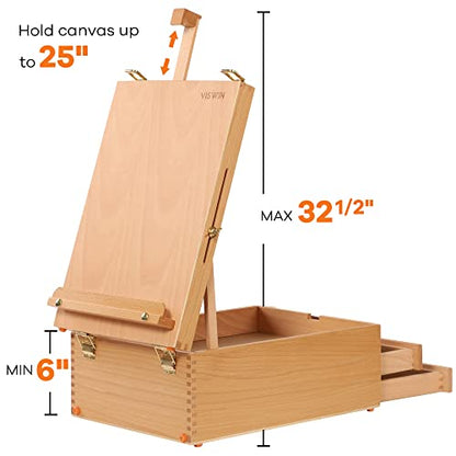 VISWIN Large Tabletop Easel Box with 3 Storage Drawers, Adjustable Portable Beech Wood Desktop Easel for Painting, Drawing, Plein-Air Art Sketchbox for Adults, Artists, Beginners, Hold Canvas to 25"