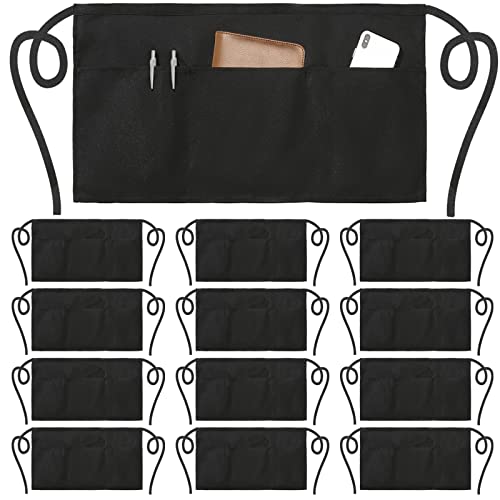 NOBONDO 12 Pack Waitress Aprons with 3 Pockets - Waist Aprons for Women Men Commercial Waiter Half Apron with Extra Long Straps Reinforced Seams for Restaurant Server Work - color: Black