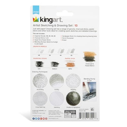 KINGART 13-Piece Sketching & Drawing Set – Complete Artist Kit with Graphite, Charcoal & Pastel Pencils, Blending Tools & Eraser in Portable Case – Art Supplies for Beginners & Professional Artists