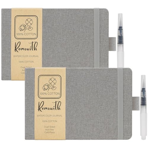 Watercolor Journal Sketchbook, 5.5" x 8.2" Sketch Books Artist Cotton Watercolor Paper, Linen Cover with Tap Water Pen, 24 Sheets 140 LB, 300 GSM for Travel Sketching On The Go Art, 2 Pack - color: Gray, size: 5.5x 8.2 Inch 2 Pack